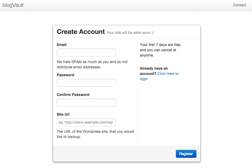 Créer un compte BlogVault