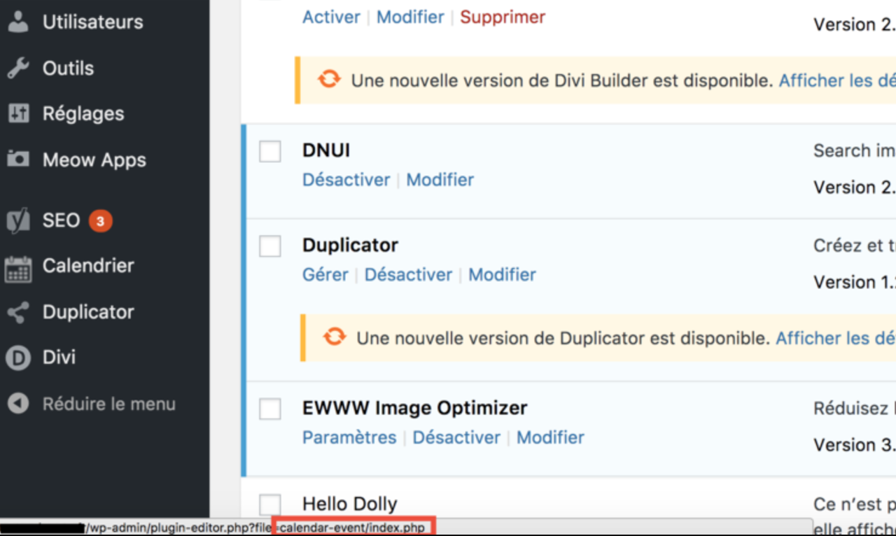 Lien de suppression d'un plugin
