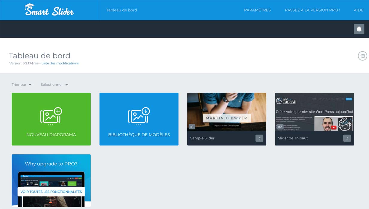 Tableau de bord de Smart Slider 3