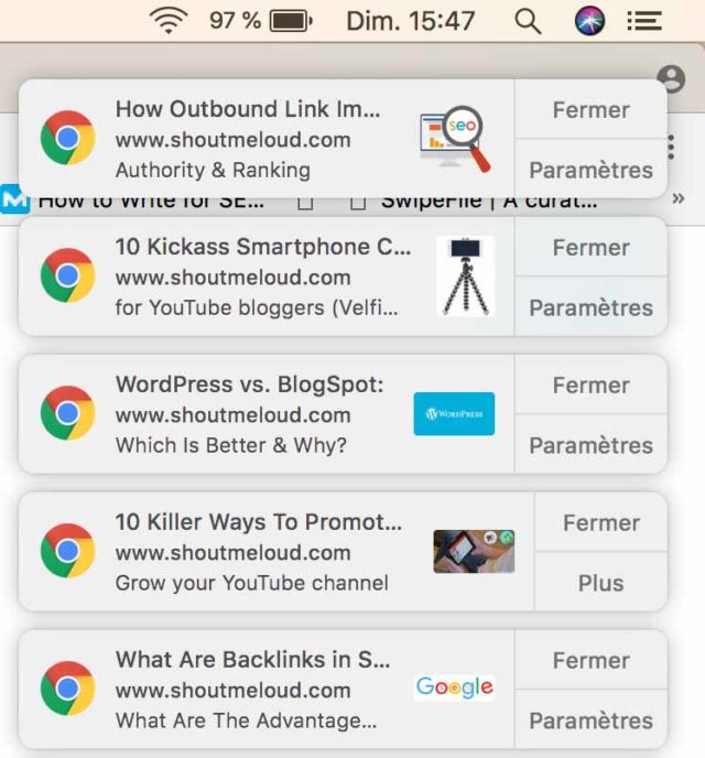Exemples de plusieurs notifications push sur Chrome