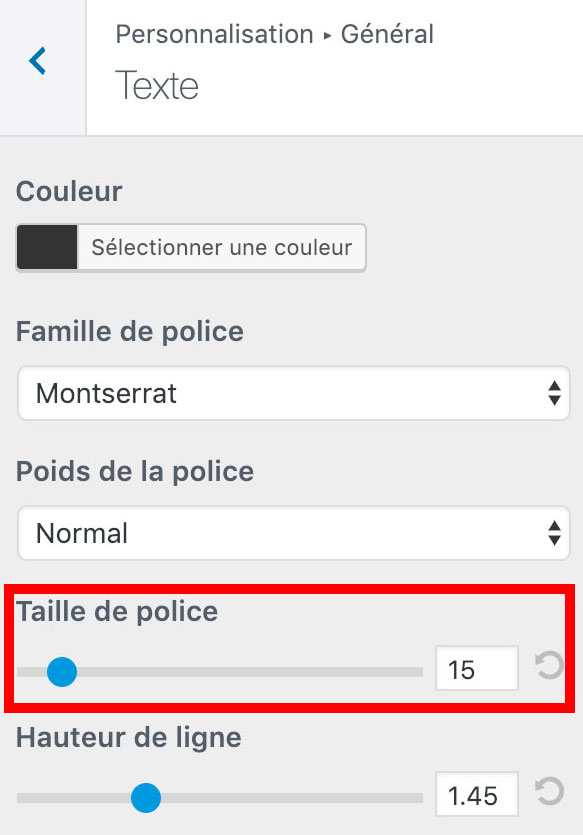 Réglages de la taille de la police depuis le customizer de WordPress.