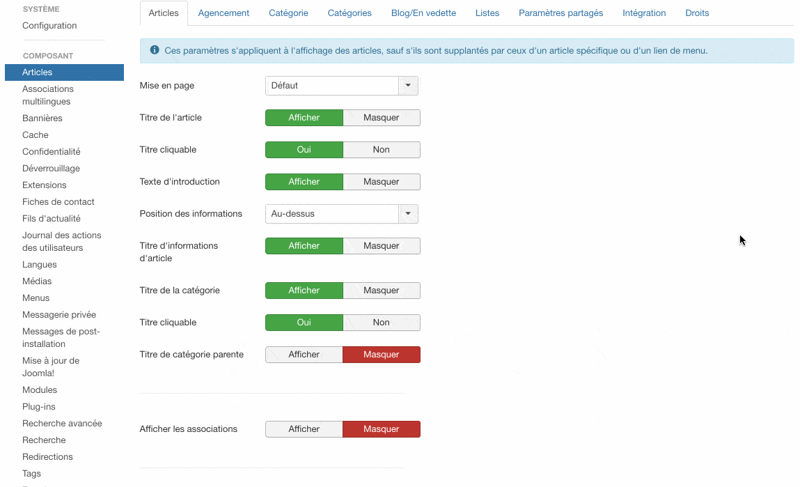 Le menu de configuration de Joomla