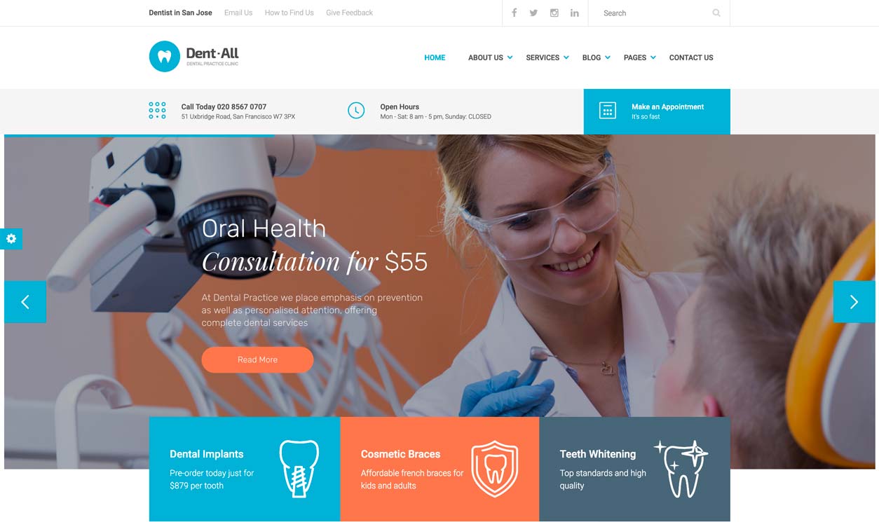La page d'accueil du thème Dentall