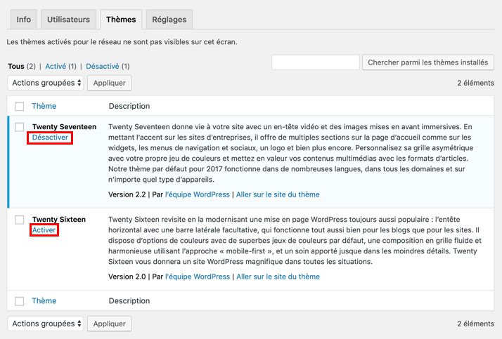 Il est possible d'activer/désactiver un thème sur une installation multisite WordPress