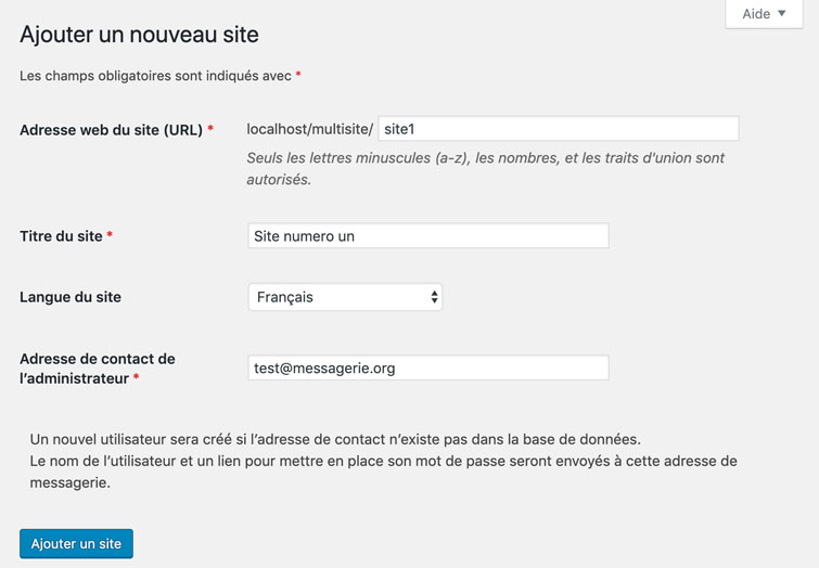 Tableau de bord pour ajouter un site