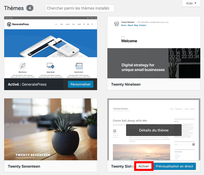 Activer le thème Twenty Sixteen sur WordPress