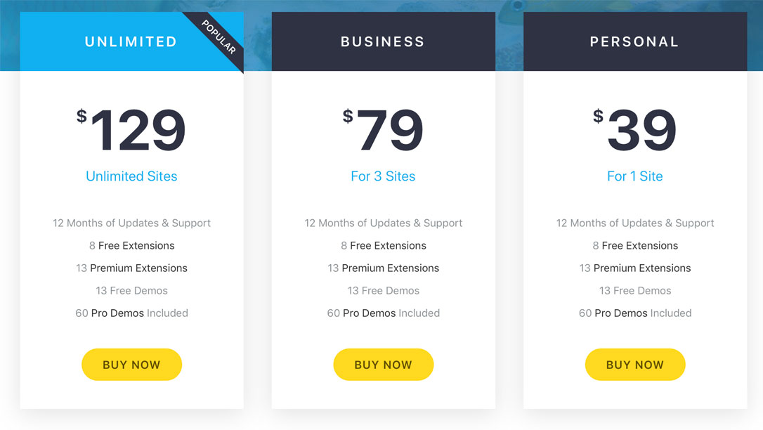 Les différents prix du thème OceanWP