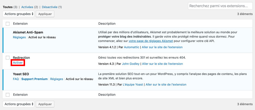 Activer l'extension Redirection sur votre tableau de bord WordPress
