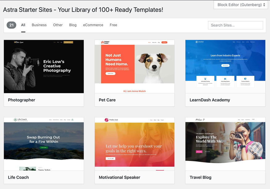 Les templates Gutenberg d'Astra