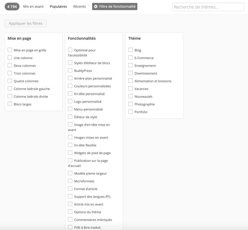Le filtre à fonctionnalités pour les thèmes du répertoire officiel