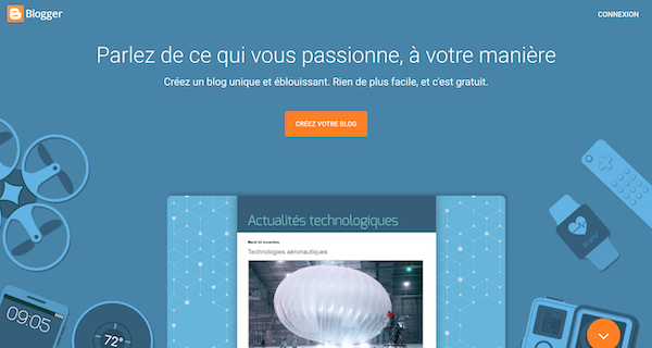 Page d'accueil de la plateforme de blogging Blogger