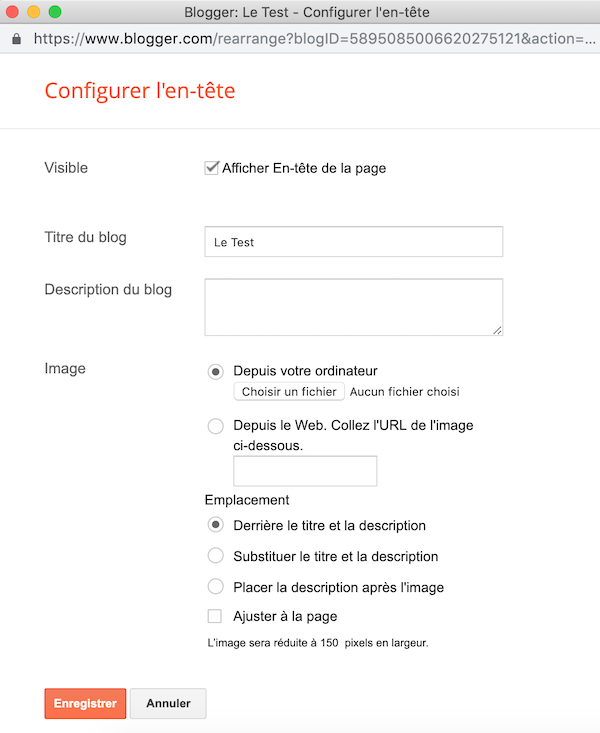 Blogger : Mise en page de l'en-tête de Blog