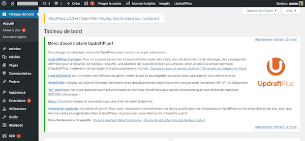 Tableau de bord du CMS WordPress