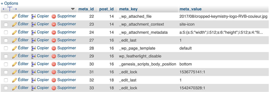 La table wp_postmeta.