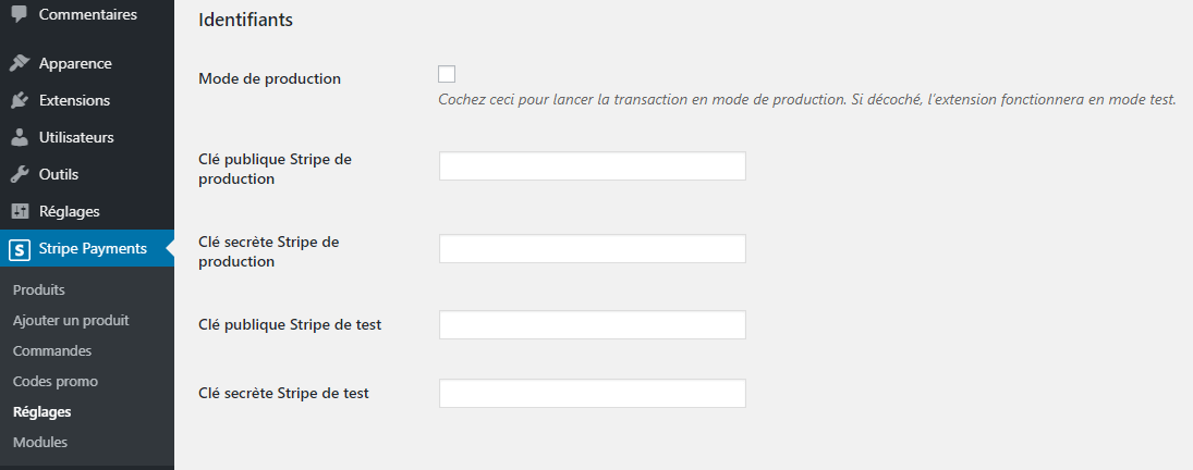 Stripe Payments clés API