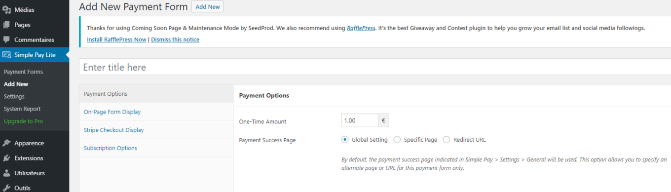 WP Simple Pay ajout formulaire de paiement