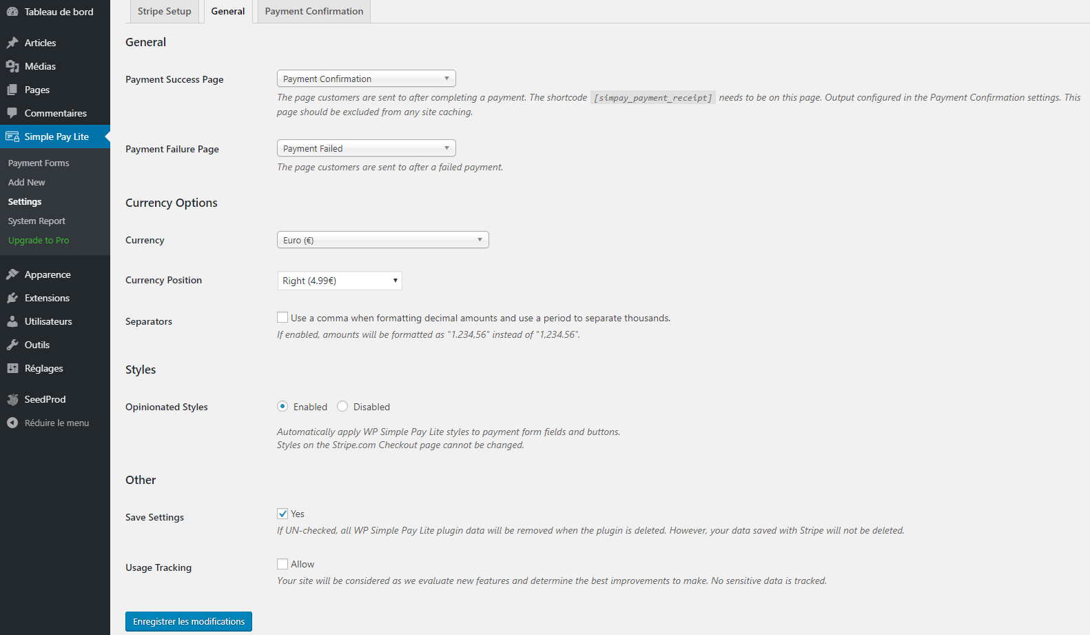 WP Simple Pay paramètres généraux
