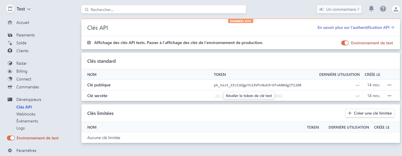 Stripe emplacement clés API
