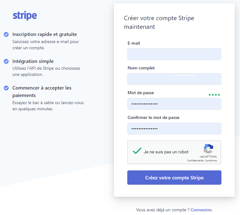 Stripe création compte