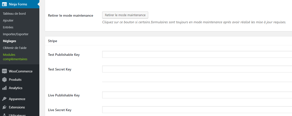 Ninja Forms Add-on remplissage clés API