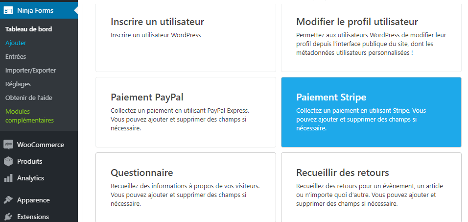 Ninja Forms création formulaire de paiement