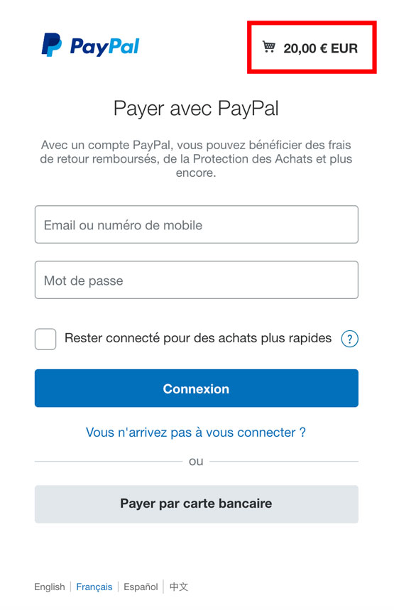 Paiement PayPal vingt euros.
