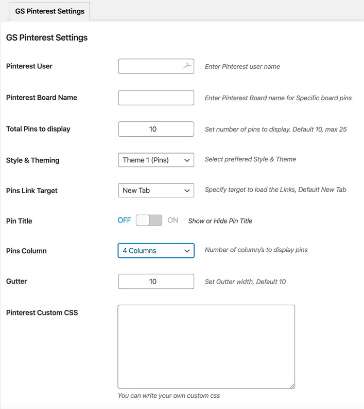Réglages de l'extension GS Pins for Pinterest.