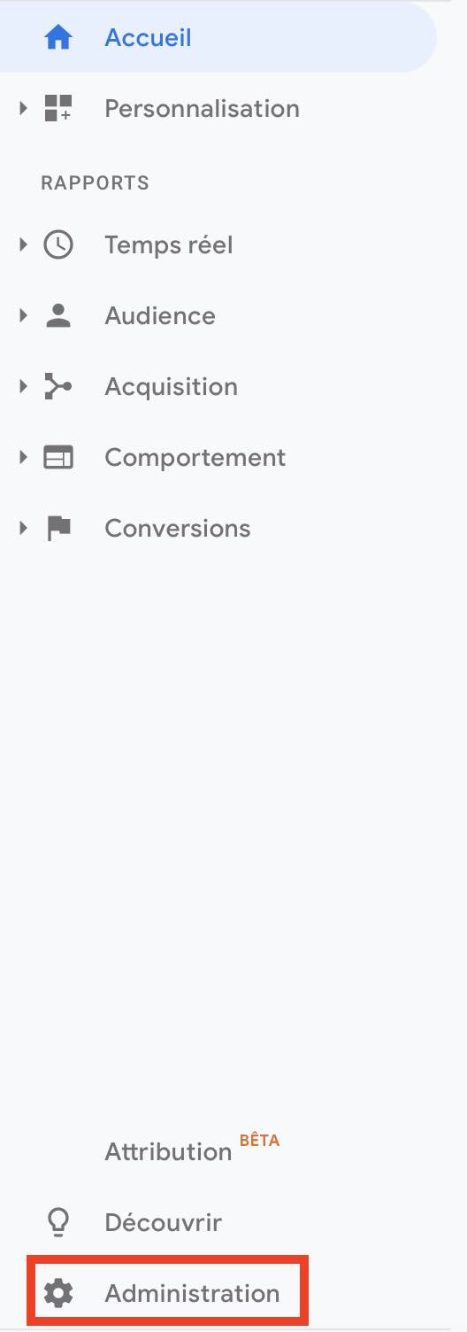 Le menu Administration de Google Analytics