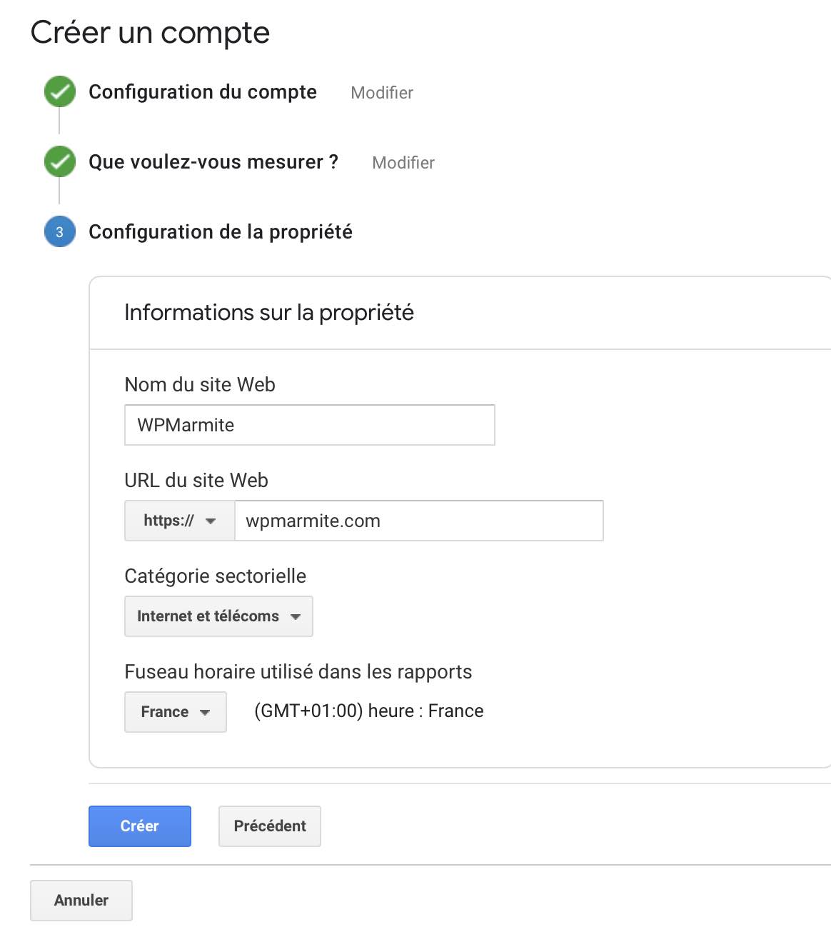 Configuration de la propriété Google Analytics