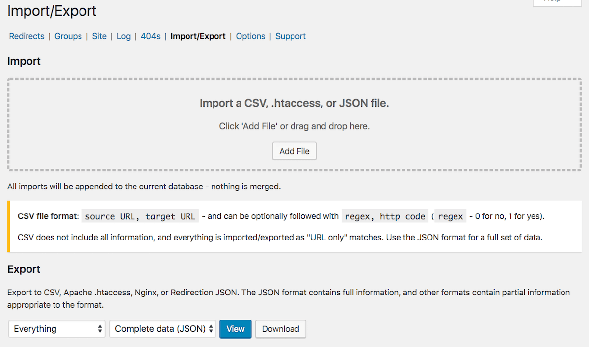 Import and export redirects in the Redirection plugin.