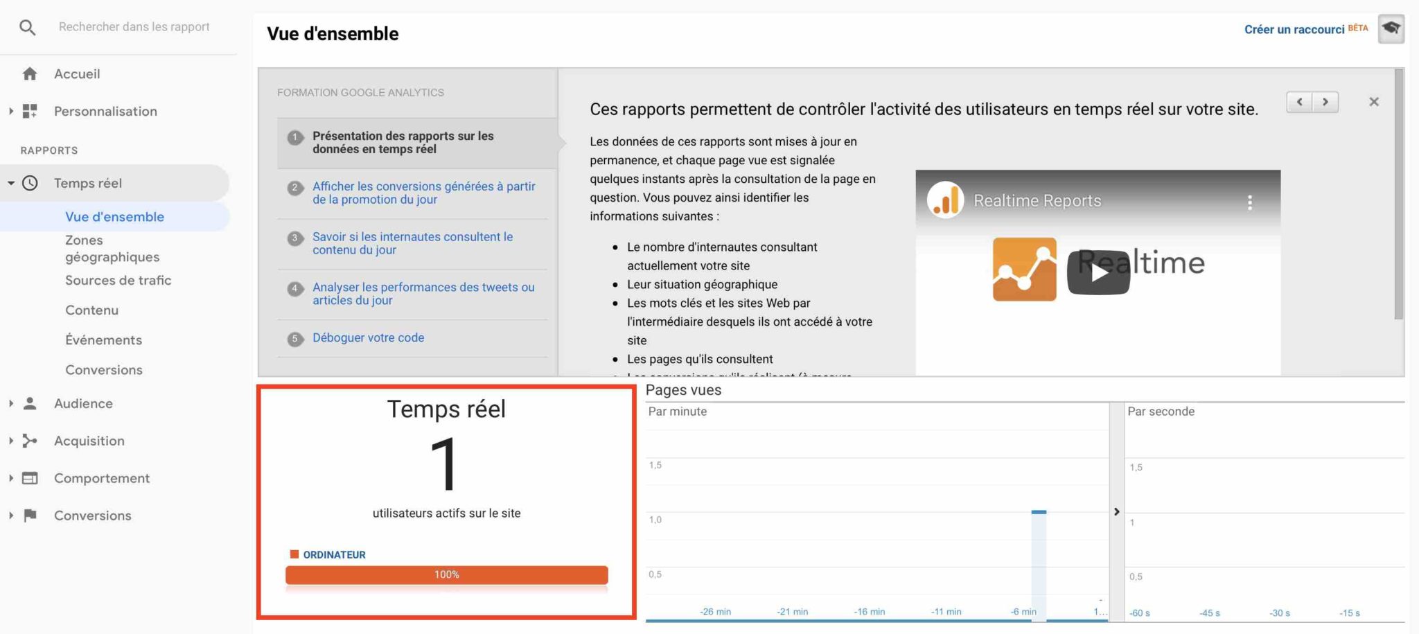 Aperçu de l'audience en temps réel sur Google Analytics