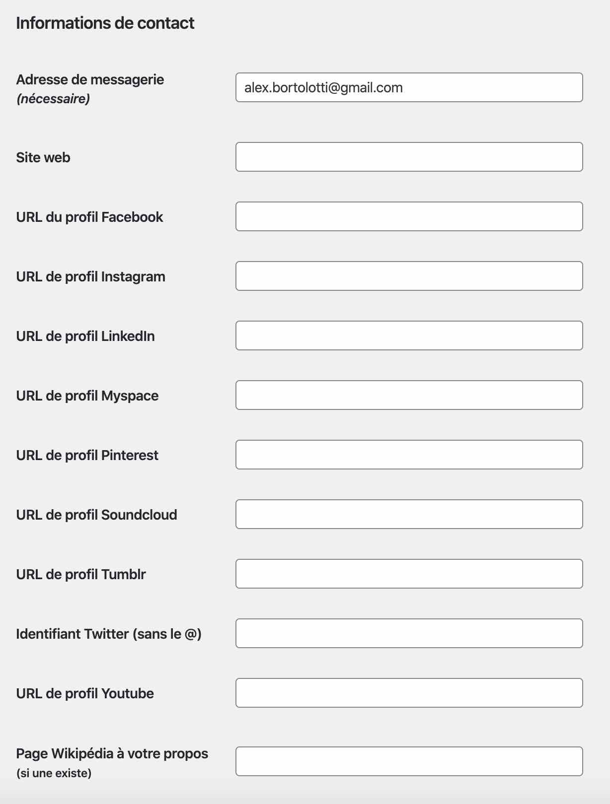 Informations de contact utilisateur WordPress.