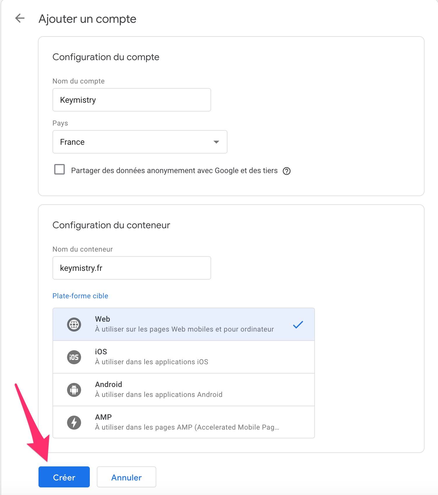 Ajout d'un compte Google Tag Manager