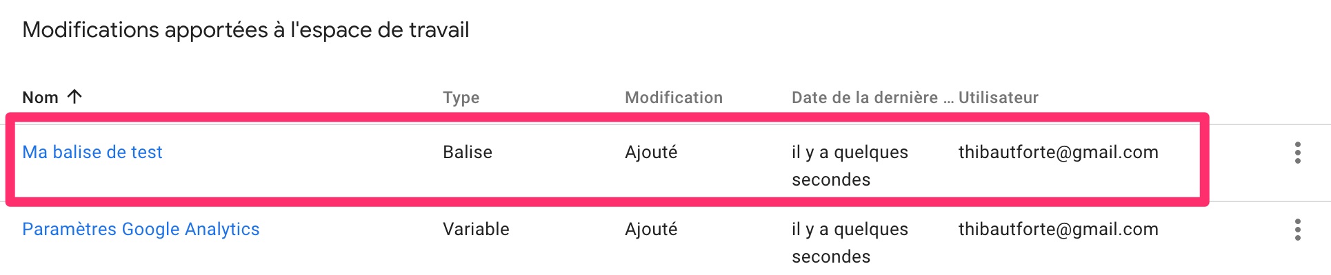 Espace de travail balise de test