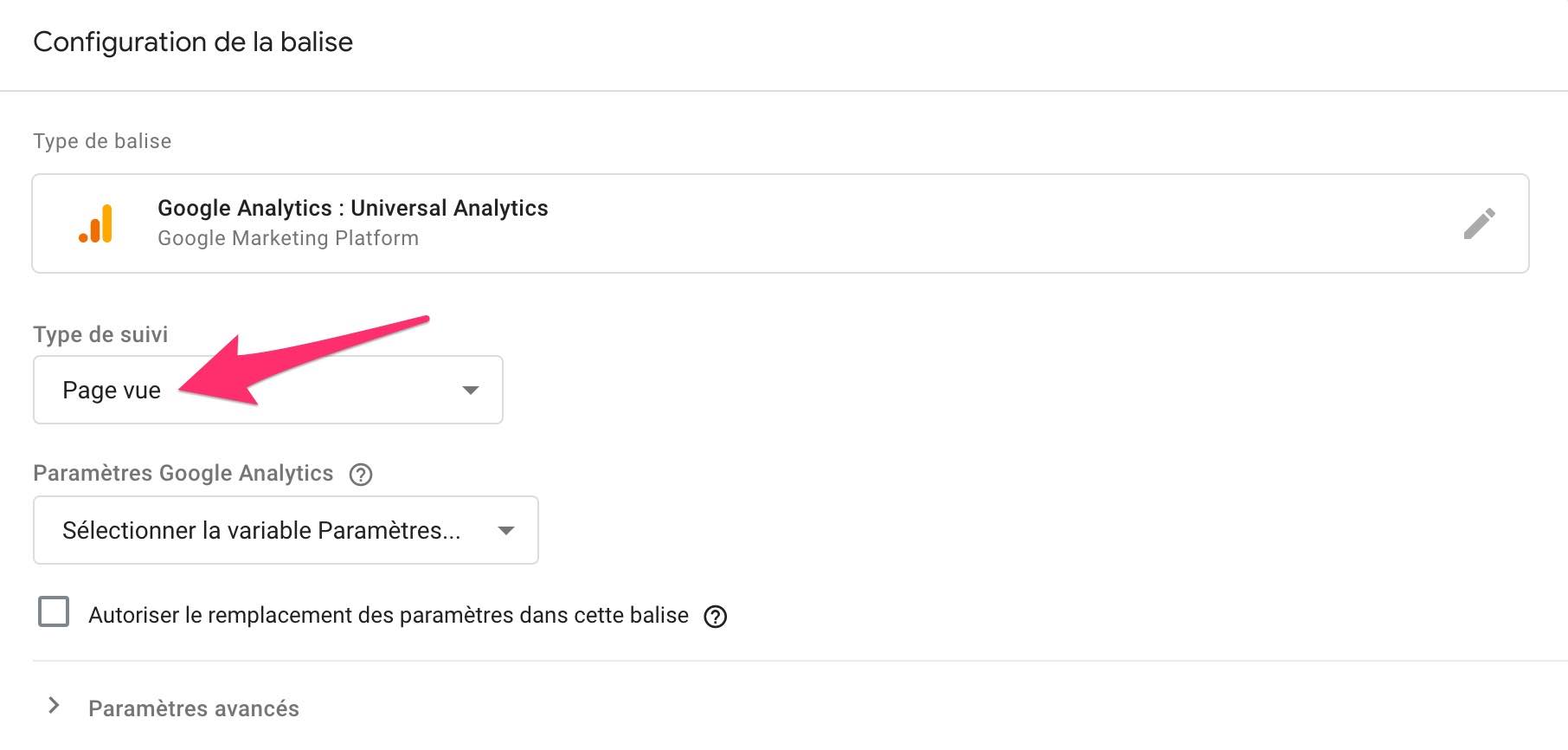 Configuration de la balise pour un type de suivi Page Vue