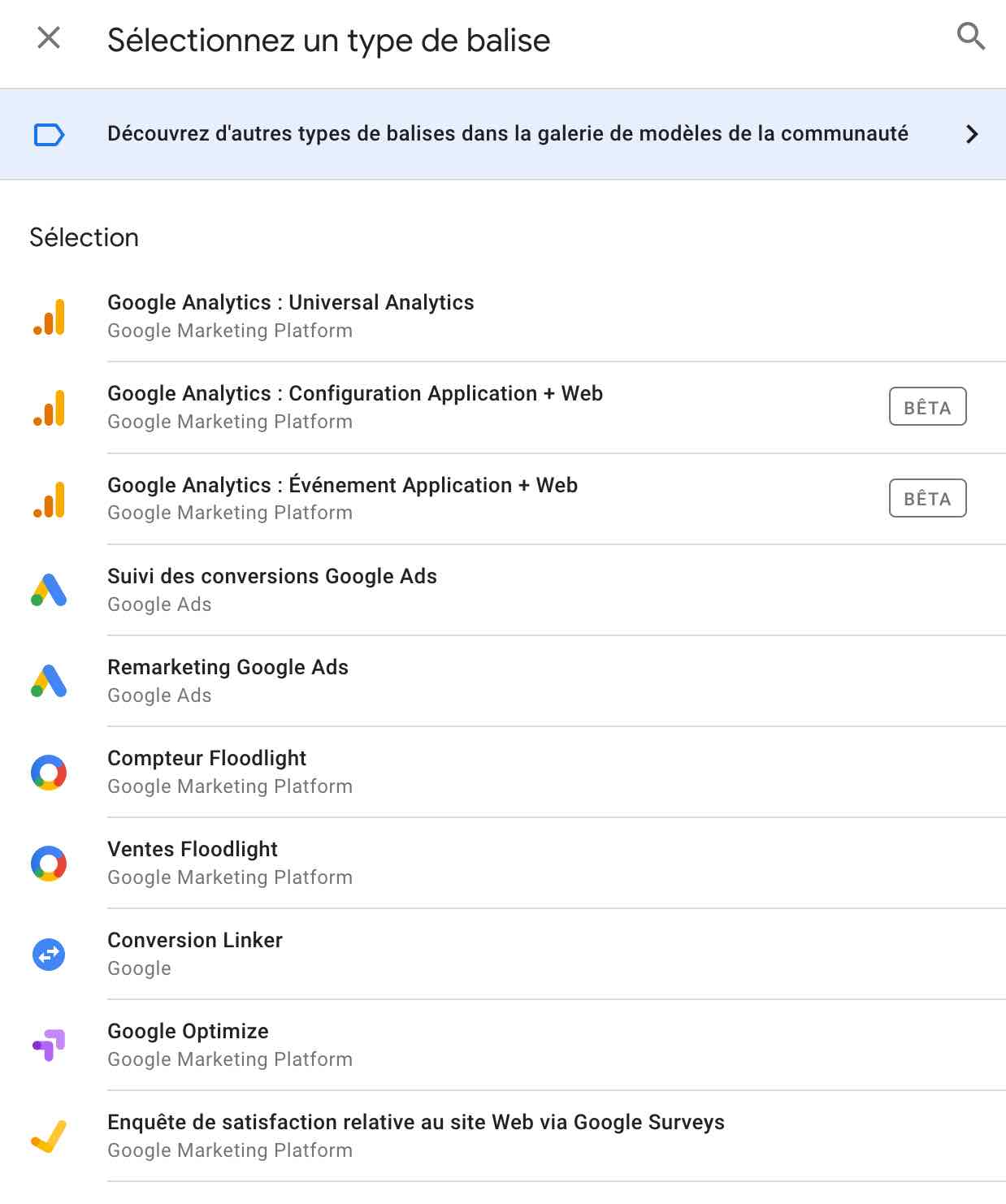 Quelques exemples de balises proposées par Google Tag Manager