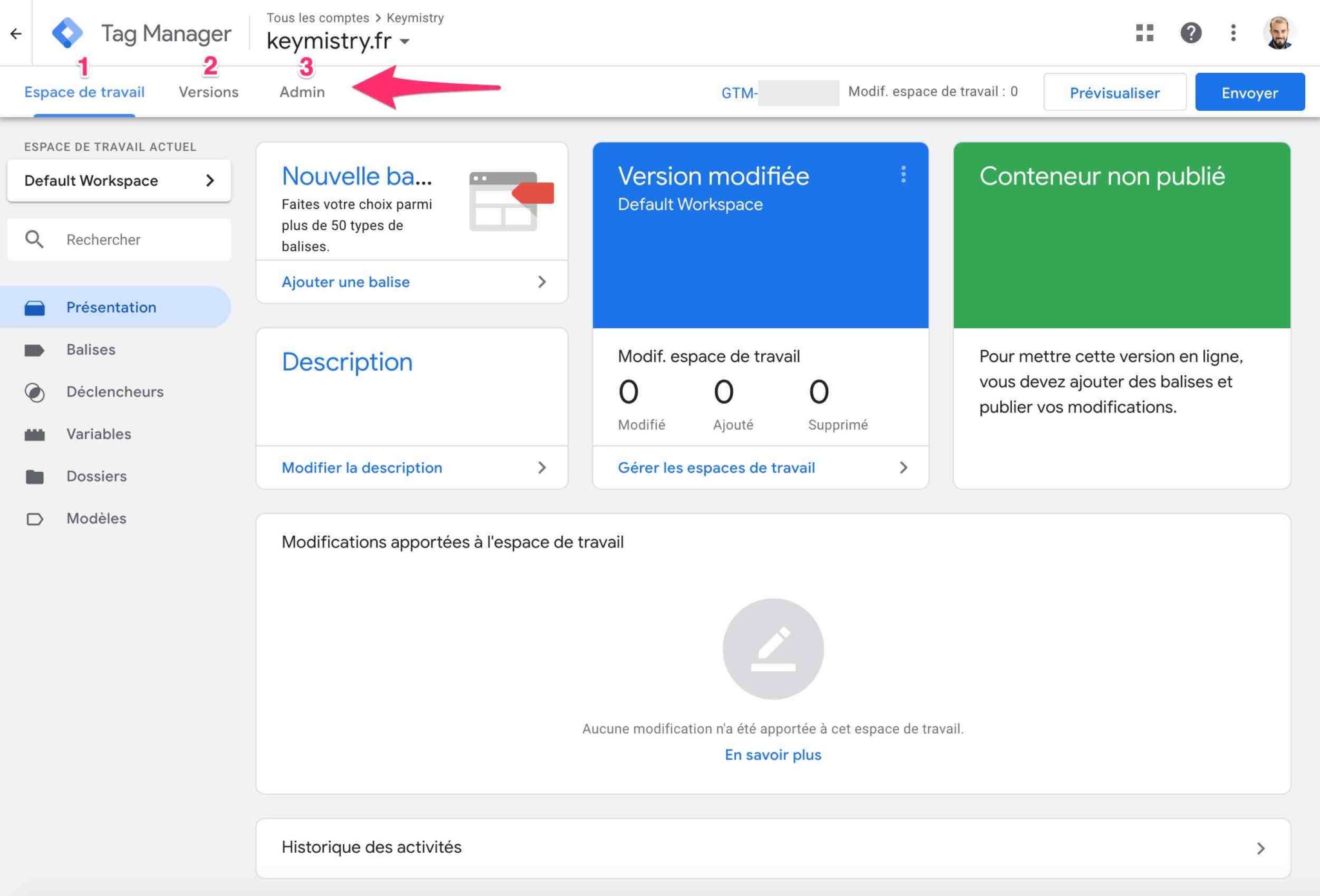 Onglets du Tableau de bord de Google Tag Manager