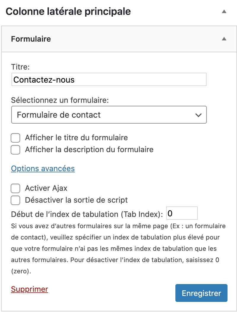 Réglages widget Gravity Forms