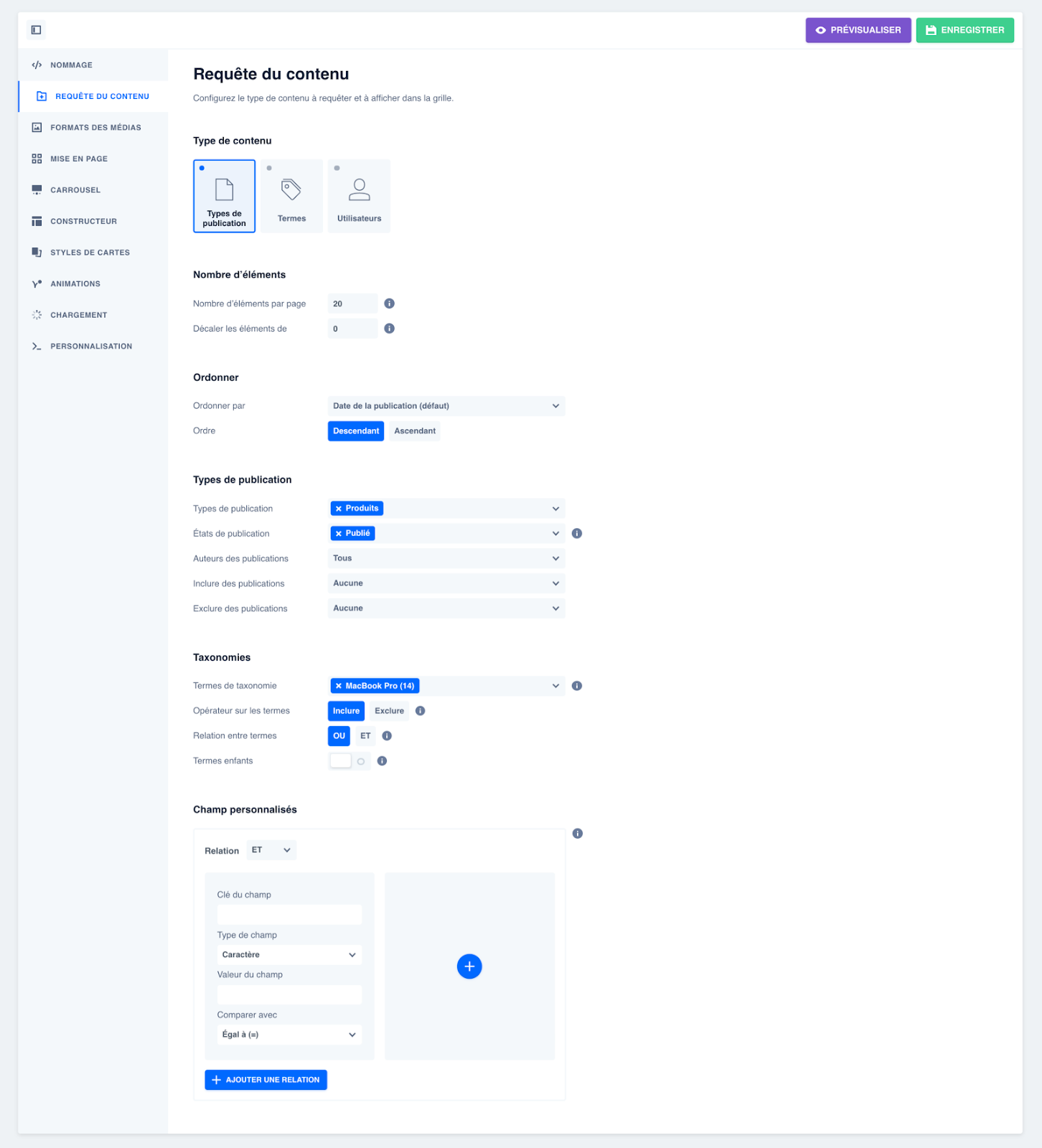 Onglet Requête du contenu de l'extension WP Grid Builder.