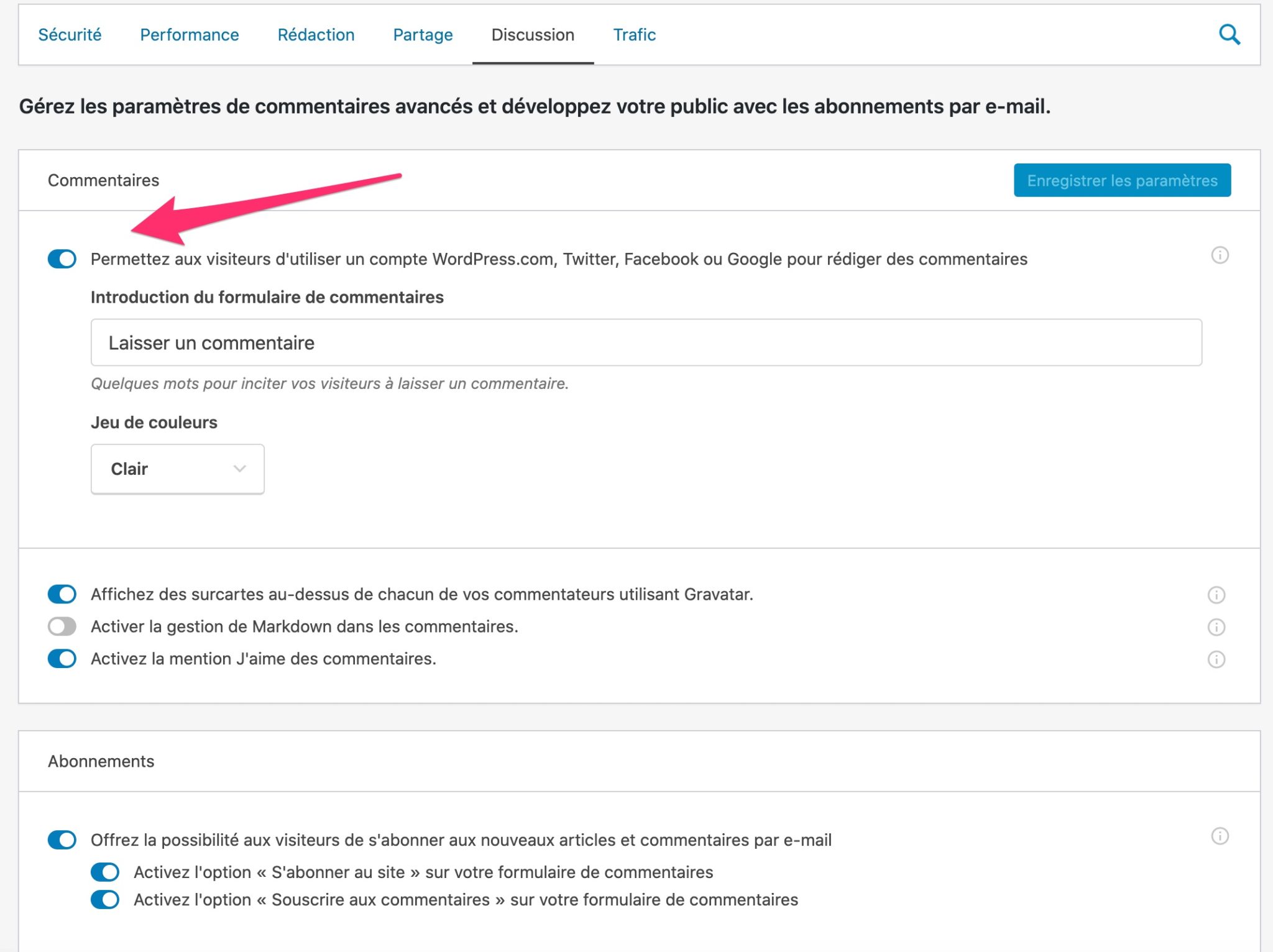Réglages des commentaires sur Jetpack