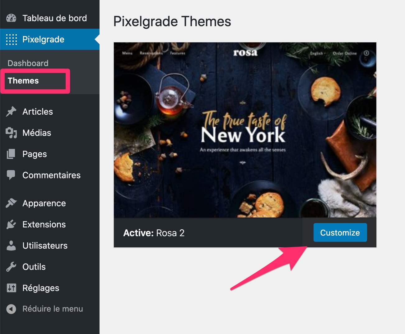 Les thèmes dans le Menu de Pixelgrade