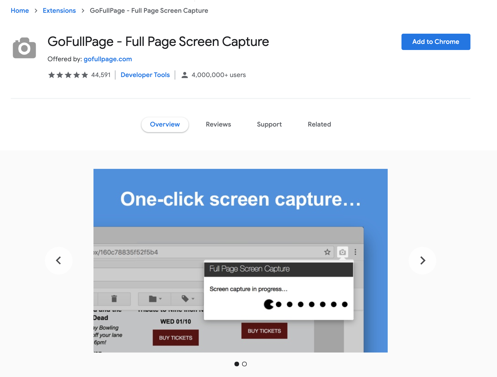 Chrome Full Page Screen Capture screenshot displaying the button to add the extension to Chrome.