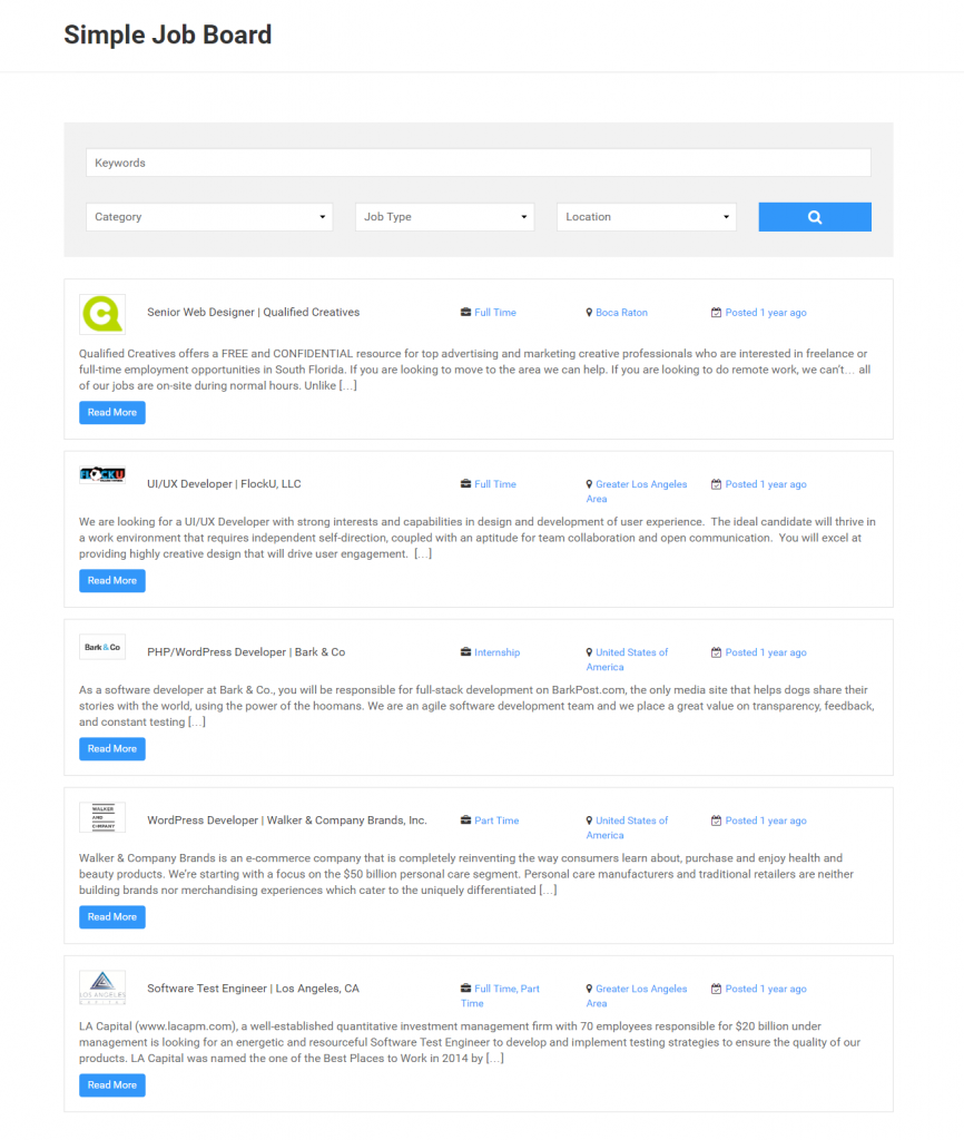List of jobs on Simple Job Board plugin
