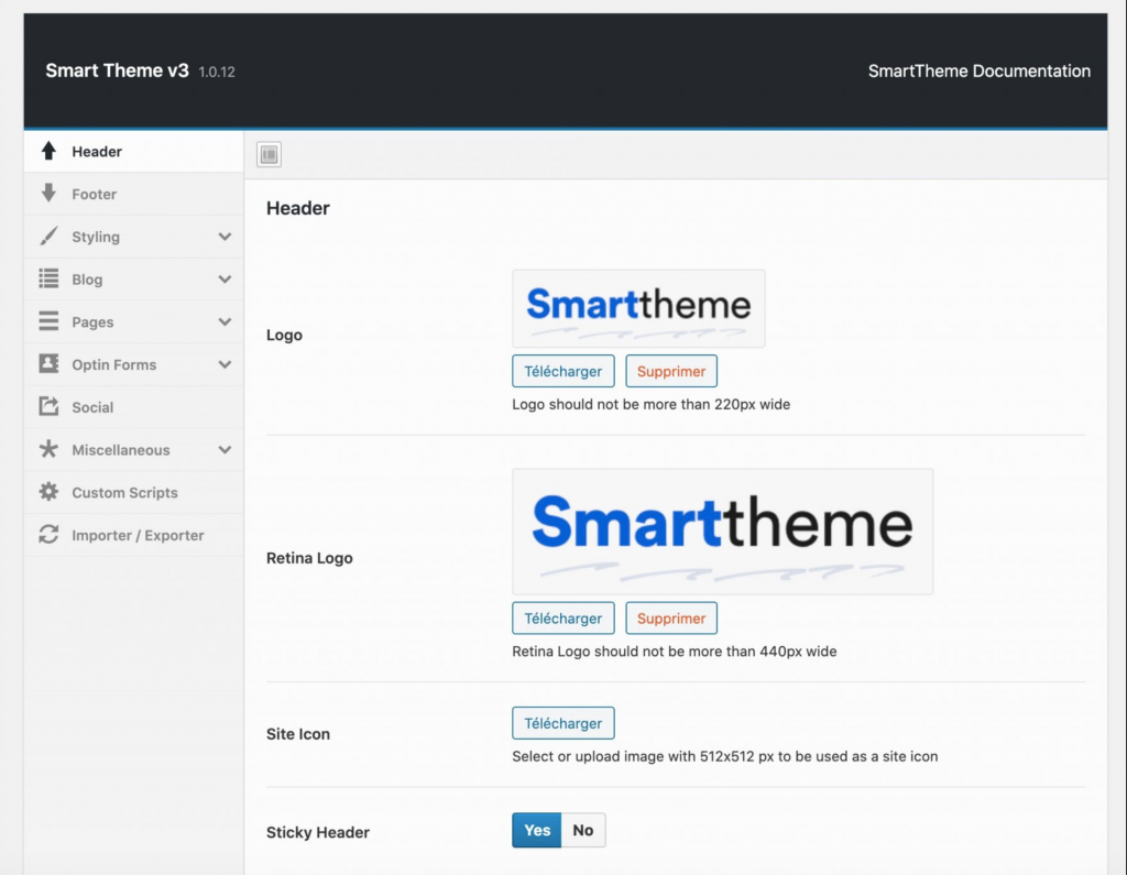 Smart Theme v3 options in wordpress admin
