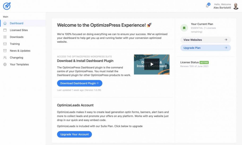 OptimizePress dashboard from the members area