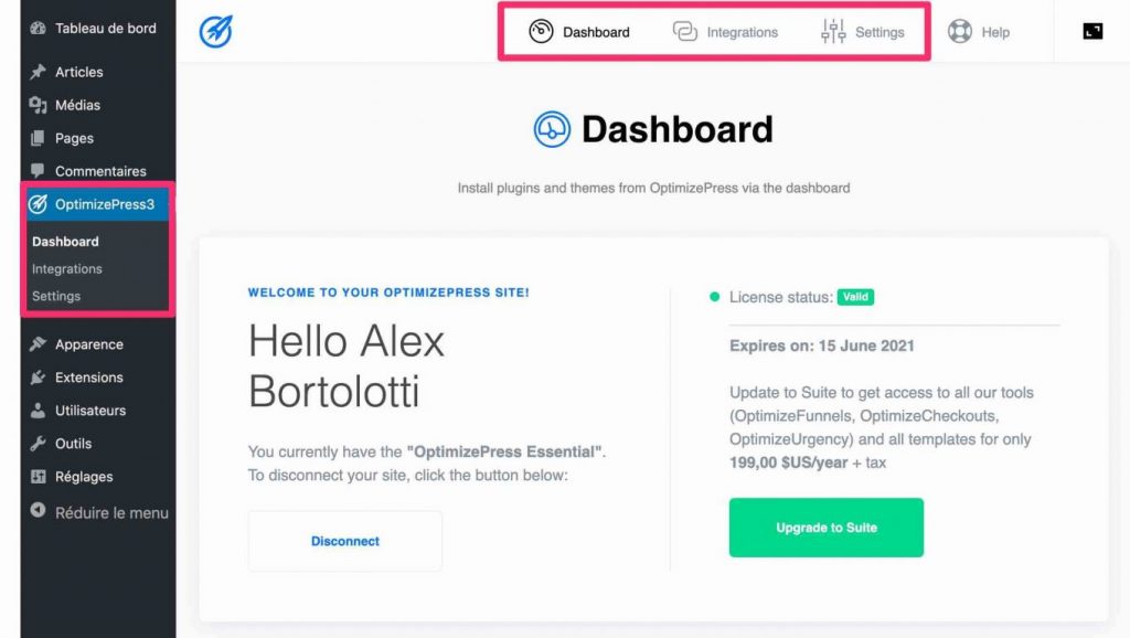 OptimizePress wordpress settings dashboard