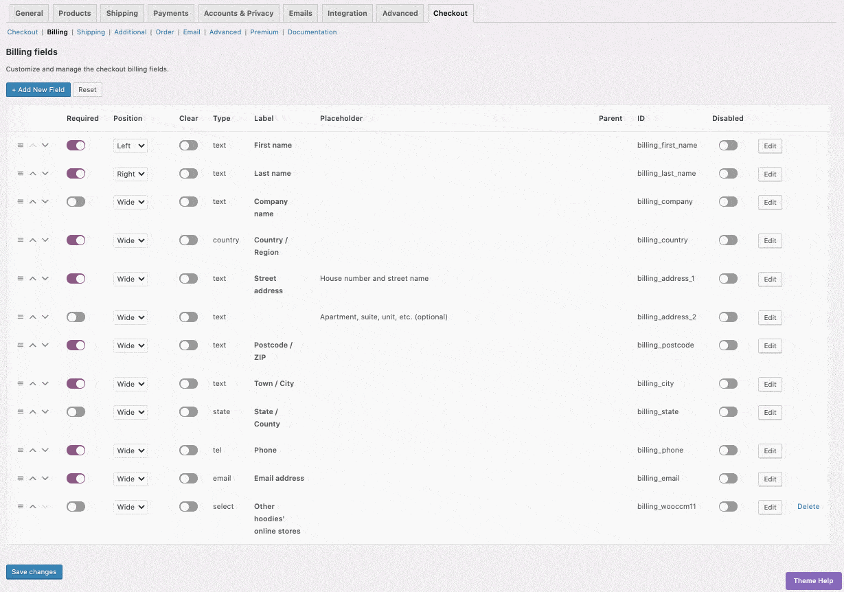 Reorganizing billing fields on woocommerce checkout manager