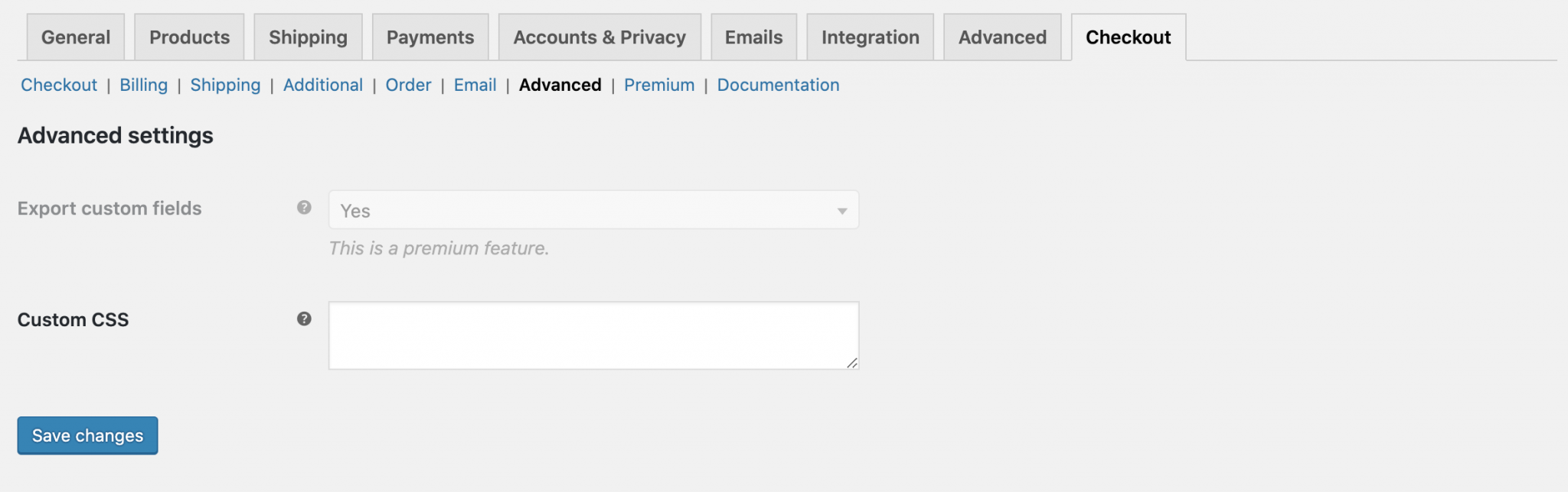 add custom css in the advanced settings of woocommerce checkout manager