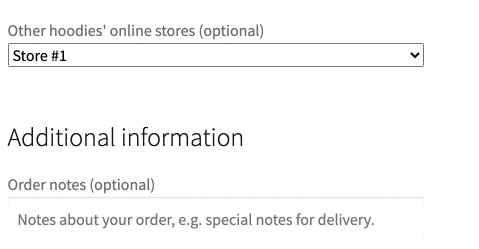 Field "Other hoodies' online stores" added by WooCommerce Checkout Manager in frontend