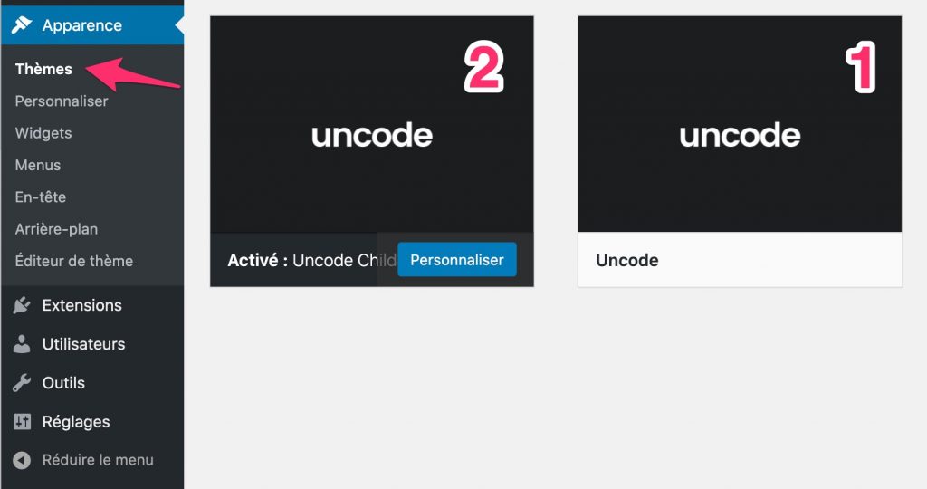 Activation des thèmes parent et enfant d'Uncode